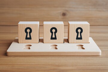 Poster - This symbolizes strategy and decision-making as matching wooden keyhole blocks align perfectly with their base illustrating business efficiency and growth through precise action
