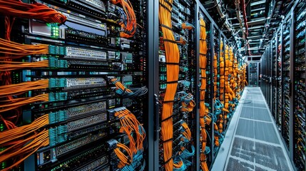 Aufkleber - A close-up features a server rack processing significant data volumes, with AI algorithms optimizing real-time data flow.