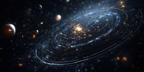Poster - A futuristic website layout with dynamic star backgrounds, interactive planetary orbits, and glowing navigation buttons.