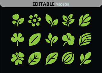 Poster - Set of Green Leaf and Flower Icons in a Modern Style Featuring Various Shapes and Designs Isolated on a Black Background Vector Illustration