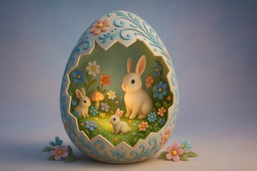 Poster - Whimsical Easter Egg Decoration with Bunnies and Flowers