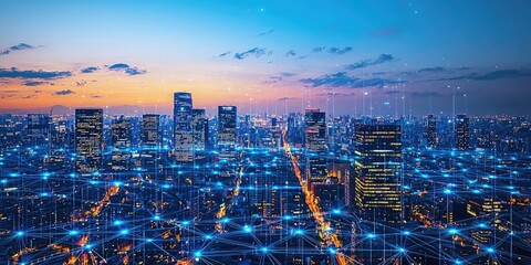 Aufkleber - a high-tech cityscape with glowing skyscrapers, automated transport systems, and advanced energy grids under a neon sky.
