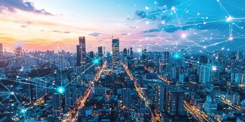 Aufkleber - Futuristic urban landscape with advanced technology, interconnected systems, and glowing towers beneath a radiant sky.