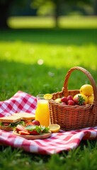 Wall Mural - A checkered blanket spread on a grassy field, laden with a summer picnic basket overflowing with fresh fruit, sandwiches, and lemonade Perfect for a sunny day's outing , fresh, nature