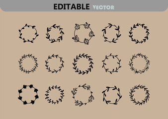 Poster - Collection of Hand Drawn Floral Wreaths Perfect for Invitations Logos and Branding Featuring a Variety of Leaf and Flower Designs Editable Vector on a Neutral Background