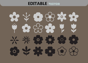 Poster - Collection of Flower Vector Illustrations in Black and White Featuring Various Floral Designs Including Blossoms Tulips and Leaves on a Brown Background