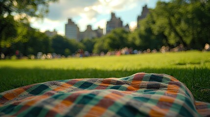 Aufkleber - The texture of a picnic blanket on the grass, with a busy city park full of activity in the background.