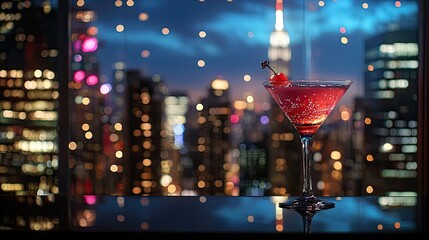 Aufkleber - A detailed shot of a cocktail being presented at a rooftop venue, with twinkling city lights in the background.