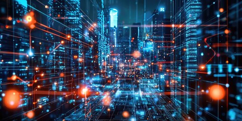 Poster - Conceptual architecture in a futuristic city with robotic elements, smart technology, and sleek design in a high-tech environment.