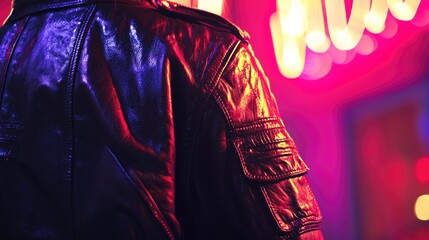 Aufkleber - The texture of a leather jacket highlighted by club lights, showcasing the vibrancy of nightlife in the city.