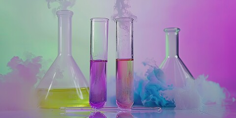 Leinwandbilder - colorful chemical reactions in a test tube, with lab equipment providing a sterile backdrop.