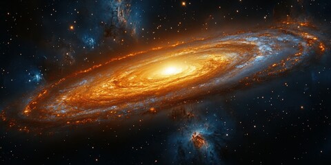Wall Mural - cosmic view of a spiral galaxy illuminated by bright orange and blue hues against a dark backdrop fi