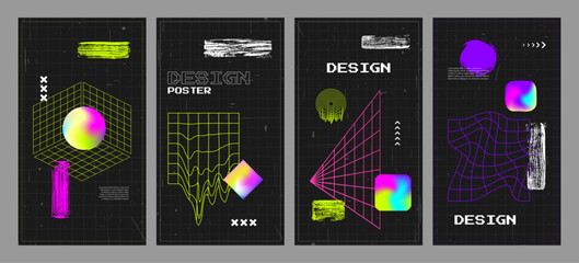 Wall Mural - vector illustration. retro futuristic concept background set with twisted grid and brush stroke. des