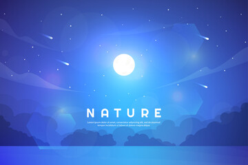Wall Mural - vector illustration. dark night landscape. beautiful cloudy sky with shooting stars, misty clouds an