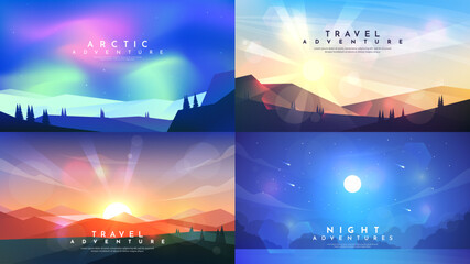 Wall Mural - vector illustration. 4 landscapes collection. northern lights, evening forest, sunset with blurred l