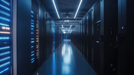 Aufkleber - Dark modern data center hallway with glowing blue server LEDs and sleek black racks, ideal for illustrating cybersecurity, cloud infrastructure, or futuristic IT environments