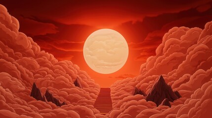 Poster - Fiery Pixel Art Sunset Landscape with Moonlit Path