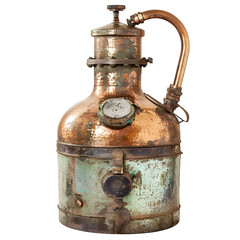 Fototapete - Prohibition-era copper still with patina and handmade solder joints, isolated on pure white background. Balance exposure to show metal texture without hotspots.
