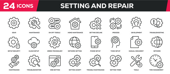 Set of line icons related setting, configuration, repair, setup. Editable stroke. Perfect pixel on transparent background