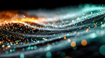 Poster - Dynamic stream of glowing abstract particles flowing over a dark surface in an energetic motion blur effect