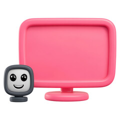 Poster - Cartoonish Computer and Monitor with Smiling Face in Pink Color Scheme, isolated on transparent background.