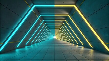 Poster - Illuminated tunnel with blue and yellow neon lights creating a futuristic perspective view design