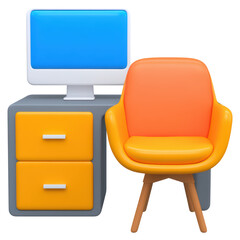 Poster - Modern Office Setup with Computer and Stylish Orange Armchair, isolated on transparent background.