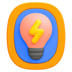 Poster - Colorful 3D Light Bulb Icon with Lightning Symbol on Blue Background, isolated on transparent background.
