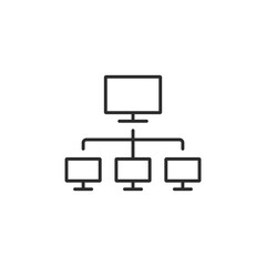 This icon symbolizes a strong work safety network with a central computer linked to multiple workstations, highlighting the importance of connectivity and communication for a safe workplace