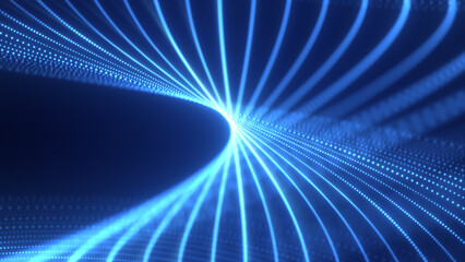 Poster - Futuristic digital tunnel with flowing blue light lines forming a vortex, symbolizing speed, data, and technology