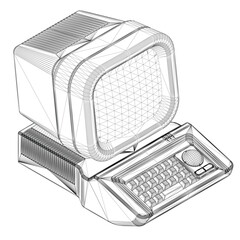 Poster - A retro computer monitor with a keyboard and a mouse. The monitor is black and white. The keyboard is small and has a few keys. Isometric view