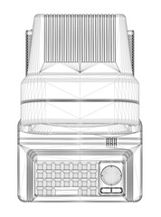 Fototapete - A computer keyboard and monitor are shown in a black and white drawing. The keyboard is positioned on top of the monitor, which is placed on a table. Concept of nostalgia and simplicity. Top view