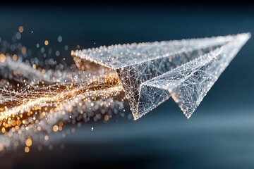 Poster - Digital paper plane constructed of glowing lines and particles flying forward