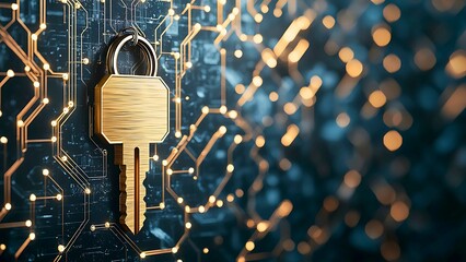 Poster - Digital security concept featuring a golden key overlaid on an electronic circuit board