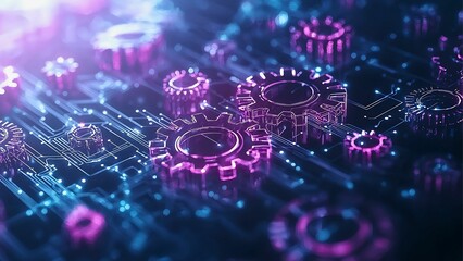 Poster - Intricate gear designs in a digital world with vibrant colors, highlighting innovation and technological advancement. The design showcases complex mechanisms and connectivity.