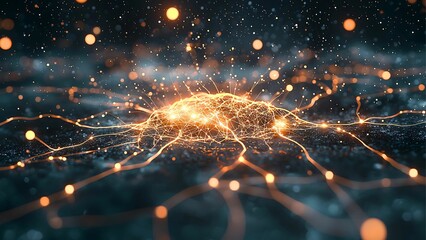 Poster - Abstract digital representation of interconnected networks with glowing lights, suggesting a complex technological or scientific concept. The artwork is a blend of science and art.