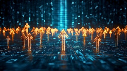 Poster - Abstract upward trend arrows in a digital landscape, with warm orange arrows on a cool blue background