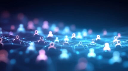 Poster - Abstract Social Network Concept with Connected People Icons on Dark Blue Gradient Background – 3D Rendering Illustration of Online Community, Digital Communication Technology, Data Flow and Global Con