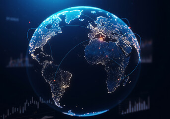 Poster - Abstract Digital Globe with Global Network Connections and Stock Charts for Business and Technology