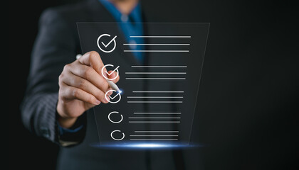 Poster - Check list, Businessman Take an assessment, questionnaire, evaluation, online survey exam Choosing the right answer in the exam, filling out an online survey form. Answer the test questions.