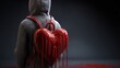 © Palung - A person carrying a heart-shaped backpack leaking red paint. Concept of emotional vulnerability.