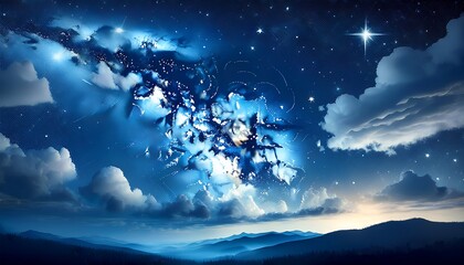 Wall Mural - the artwork showcases a tranquil night sky with varying shades of blue and white stars twinkle gently among the fluffy clouds creating a peaceful and dreamy atmosphere