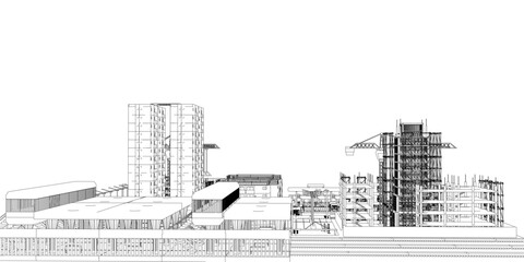 Poster - A city skyline with a large building in the middle. The buildings are tall and the sky is clear
