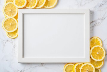 Poster - A white framed picture leaning on a stack of oranges.
