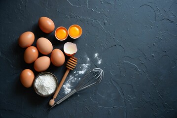Poster - Brown eggs in carton, flour, honey, wooden spoon on black slate surface.