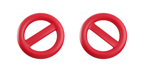 Vector Cartoon 3d Red prohibition signs set. Realistic 3d render of shiny round block icon with left and right diagonal strip. Ban or stop entry mark, forbidden symbol for game, app, design, sticker.