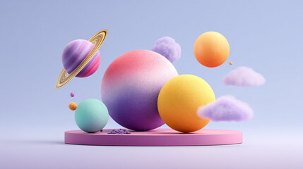 Poster - Abstract 3d render of colorful spheres on a podium with fuzzy clouds, depicting a whimsical universe.