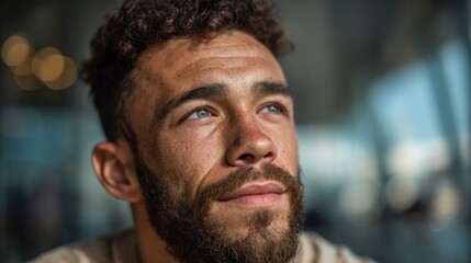 Poster - A man with curly hair and a beard gazes thoughtfully into the distance. The background is softly blurred, creating a calm and introspective atmosphere, hinting at a relaxed setting