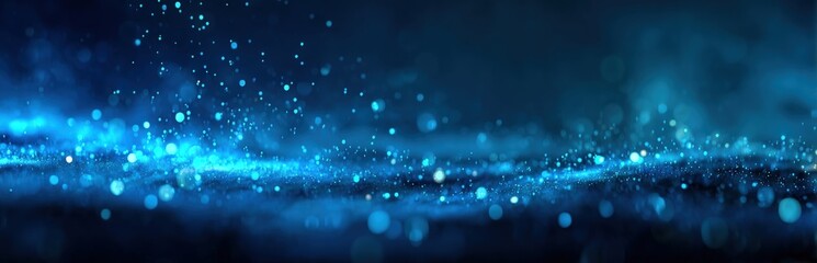 Poster - Blue water droplets and splashes are captured mid-air, creating a sparkling, abstract effect against a dark background.