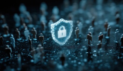 Poster - Digital shield with a padlock icon represents cybersecurity and data protection among abstract human figures in a networked environment.